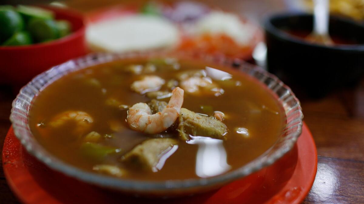 Cahuamanta stew is served at the Mariscos Naranjeros Home Team food stall at the Mercado Municipal. The dish, typical of Hermosillo, is made with manta ray and shrimp.