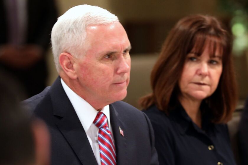 Mandatory Credit: Photo by AMEL PAIN/EPA-EFE/REX/Shutterstock (9327939e) Michael Pence and Karen Pence US Vice President Pence visits Jordan, Amman - 21 Jan 2018 US Vice President Michael Pence (L) and his wife Karen Pence take part in a meeting with King Abdullah II of Jordan, Queen Rania of Jordan and Jordanian officials (unseen) at the Royal Palace, Amman, Jordan, 21 January 2018. US Vice President pence arrived to Jordan on 20 January evening after traveling to Egypt, he is due to continue his middle east trip by visiting Israel after his meeting with King Abdullah II of Jordan. ** Usable by LA, CT and MoD ONLY **