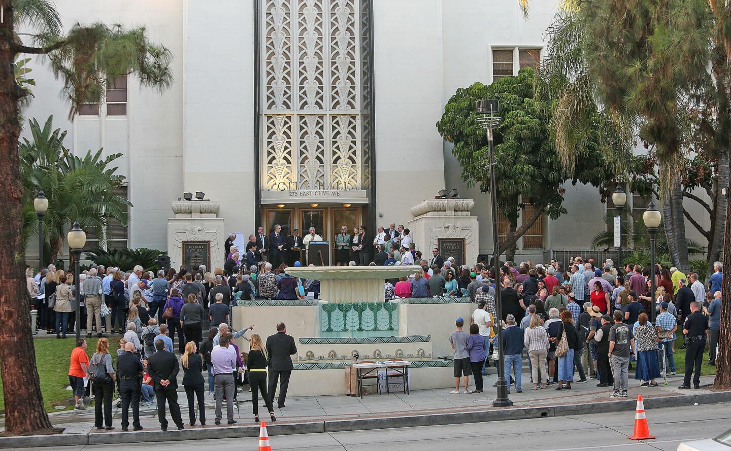 The steps of Burbank City Hall, filled with attendees to a vigil called Service for Vigil of Healing at Burbank City Hall on Tuesday, October 30, 2018. The vigil, with about 180 people attending, gathered to be strong in Burbank in lieu of the shootings in Pittsburgh killing eleven Jewish and wounding four police officers in the Tree of Life Synagogue.