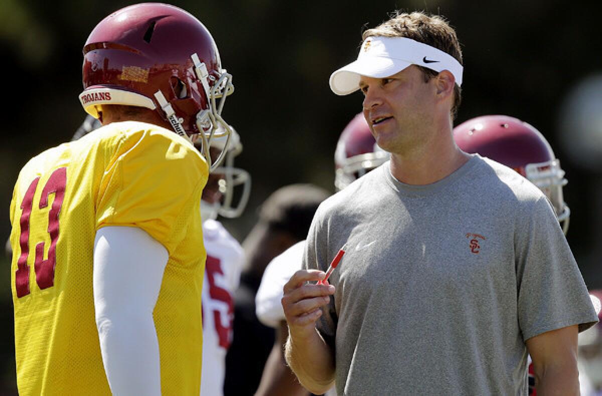 USC Coach Lane Kiffin talks to quarterback Max Wittek (13) during a practice earlier this month.