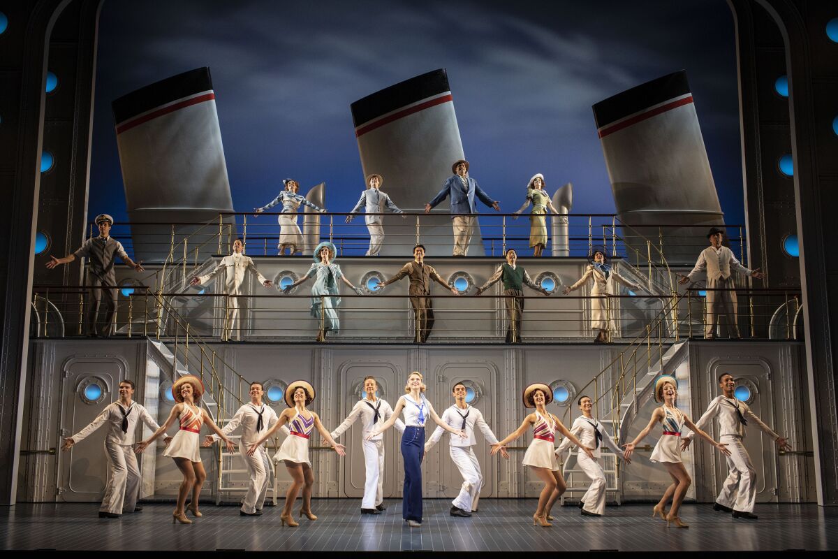 This image released by Matt Ross Public Relations shows Sutton Foster, foreground center, with the cast of the London production of "Anything Goes." A filmed recording of the London cast of Cole Porter’s romp “Anything Goes” hits more than 700 cinema screens across the U.S. for two days — March 27 and March 30. (Matt Ross Public Relations via AP)