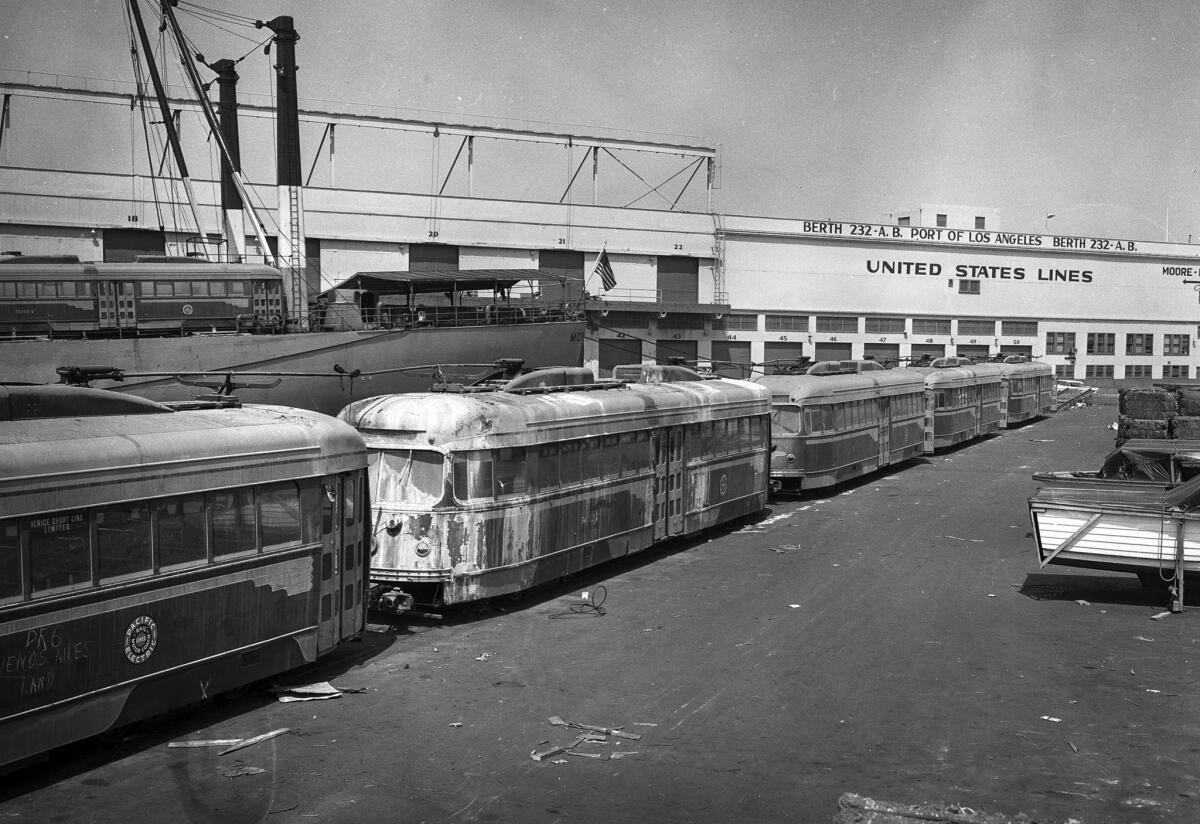 Sep. 6, 1959: Old Pacific Electric streetcars sit at Berth 232 on Terminal Island waiting to be loaded aboard Moore-McCormack Lines Mormacland for shipment to Buenos Aires.