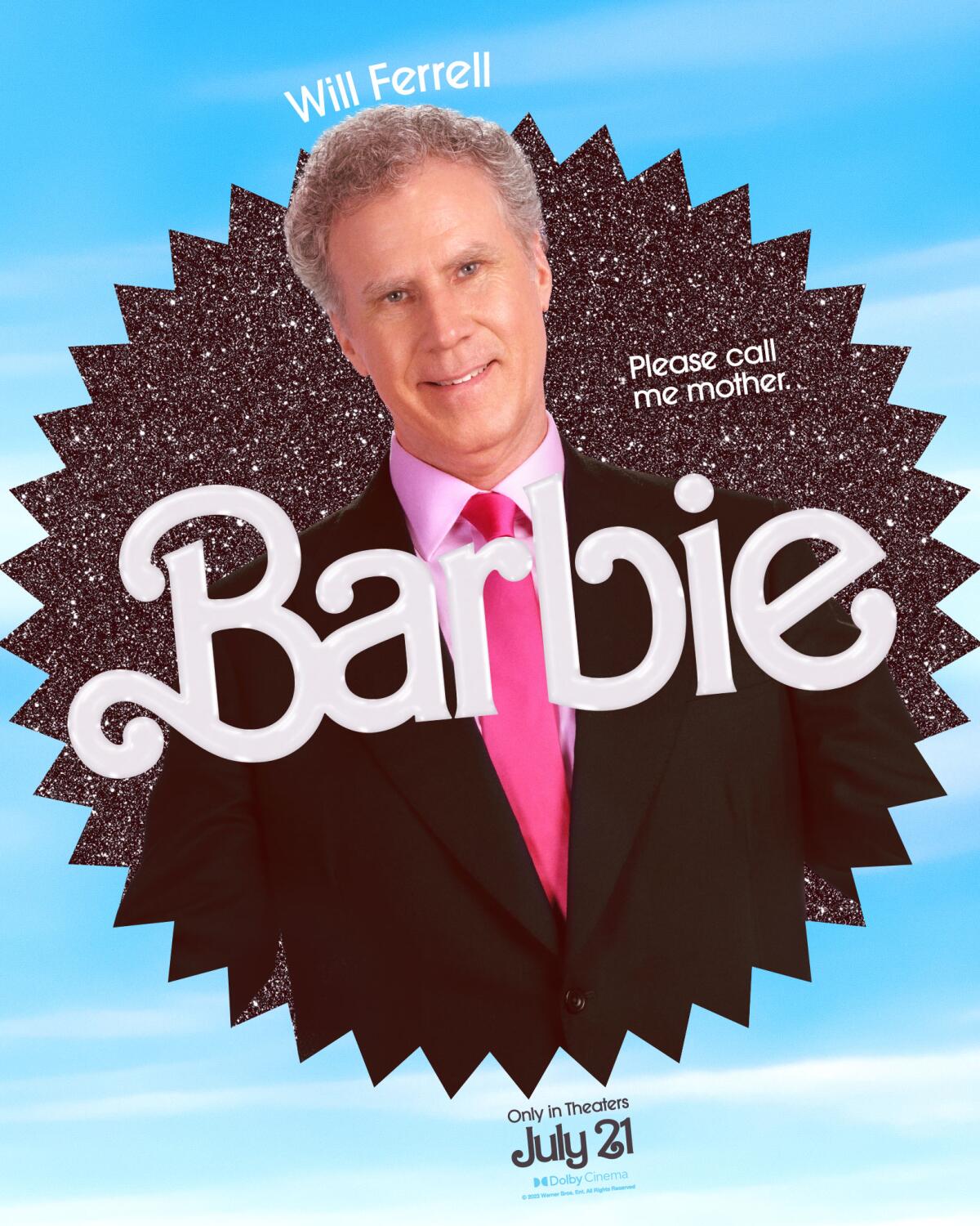 Will Ferrell smiles in a "Barbie" movie poster. He wears a black suit and pink tie.