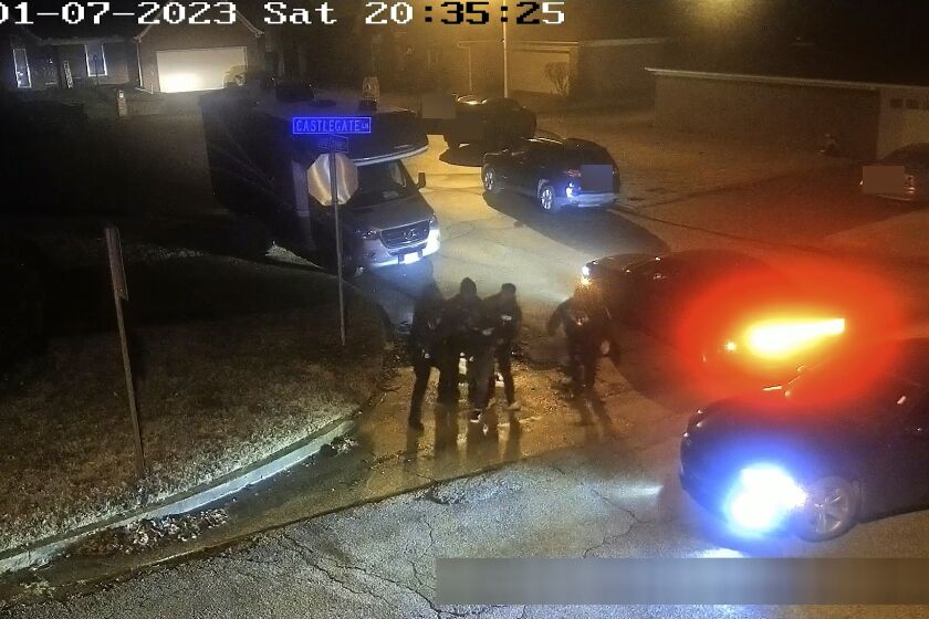 The image from video released on Jan. 27, 2023, and partially redacted by the City of Memphis, shows Tyre Nichols during a brutal attack by five Memphis police officers on Jan. 7, 2023, in Memphis, Tenn. Nichols died on Jan. 10. The five officers have since been fired and charged with second-degree murder and other offenses. The release of footage showing police officers violently beating 29-year-old Tyre Nichols has renewed calls for Congress to pass police reform legislation.(City of Memphis via AP)
