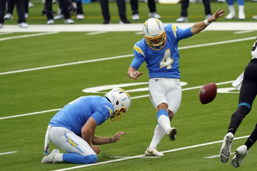 Los Angeles Chargers kicker Michael Badgley (4) makes a field goal against the Jacksonville Jaguars during the first half of an NFL football game Sunday, Oct. 25, 2020, in Inglewood, Calif. (AP Photo/Alex Gallardo )