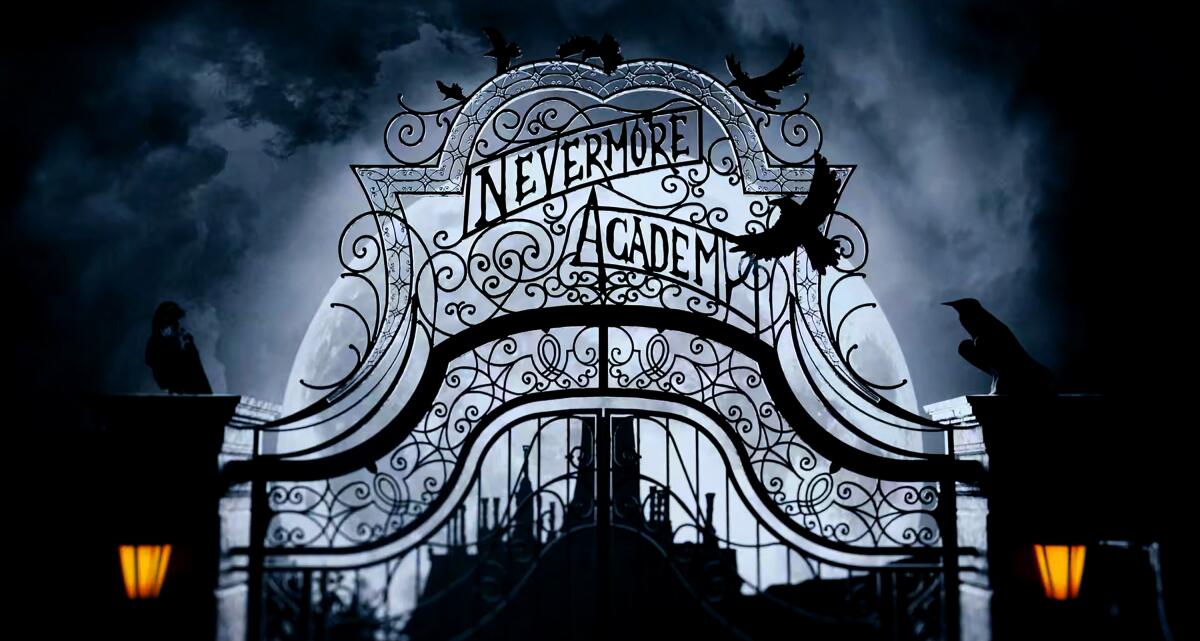 The gates of Wednesday's boarding school, Nevermore Academy, begin the title design.