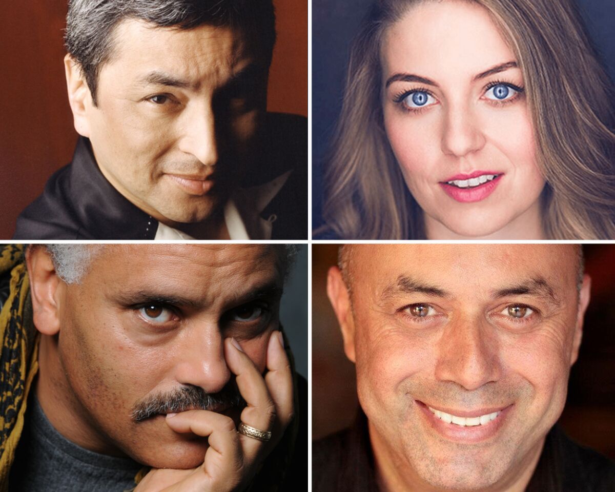 Headshots of San Diego Rep playwrights Octavio Solis, Ali Viterbi, Herbert Siguenza and Michael Gene Sullivan.