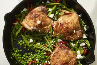 Chicken Thighs with Peas Pickled Chiles and Mint by Ali Slagle.