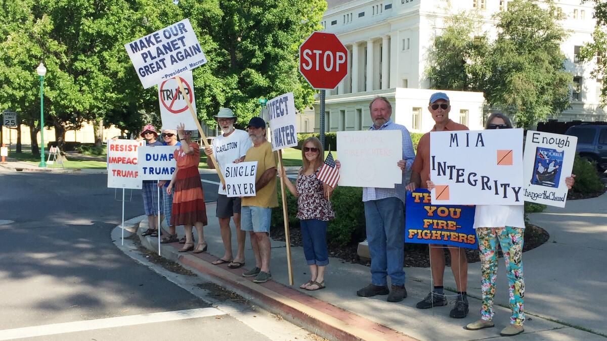 A group of liberal voters stands outside the Plumas County Courthouse in Quincy every Friday, snow or sun, to protest President Trump.