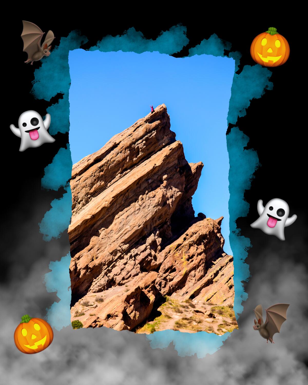 A jagged peak at Vasquez Rocks in Agua Dulce, surrounded by cartoonish Halloween ghosts and jack-o'-lanterns.