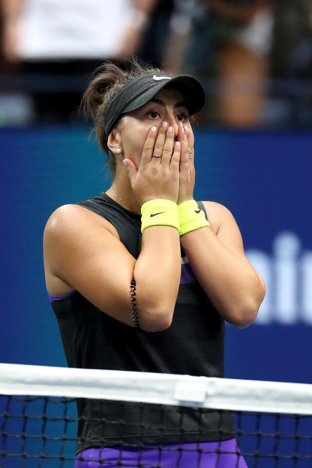 Bianca Andreescu celebrates winning the Women's Singles final match against against Serena Williams inside the Billie Jean King National Tennis Center on Sept. 7, 2019, in Queens.