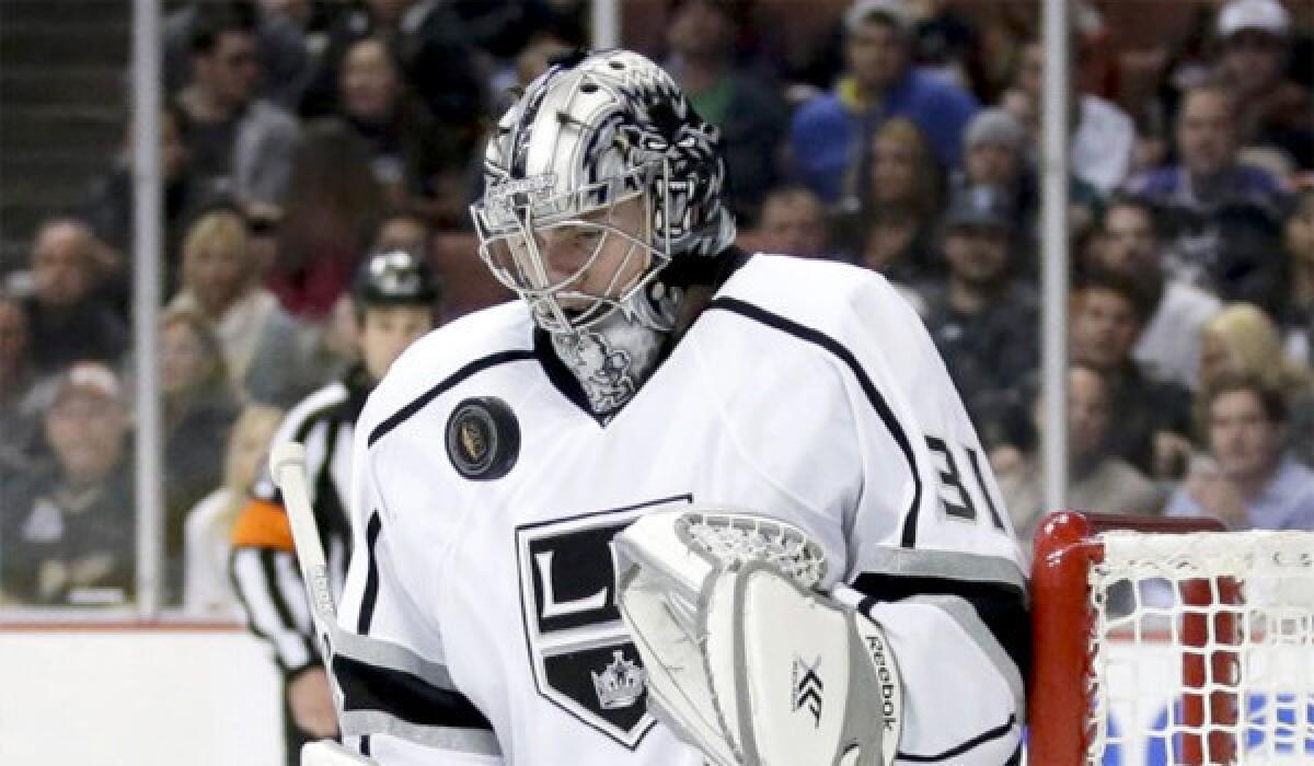 Goalie Martin Jones started his first NHL game Tuesday in a rivalry matchup against the Ducks that was decided by a nine-round shootout. Jones had 26 saves as the Kings defeated the Ducks, 3-2.