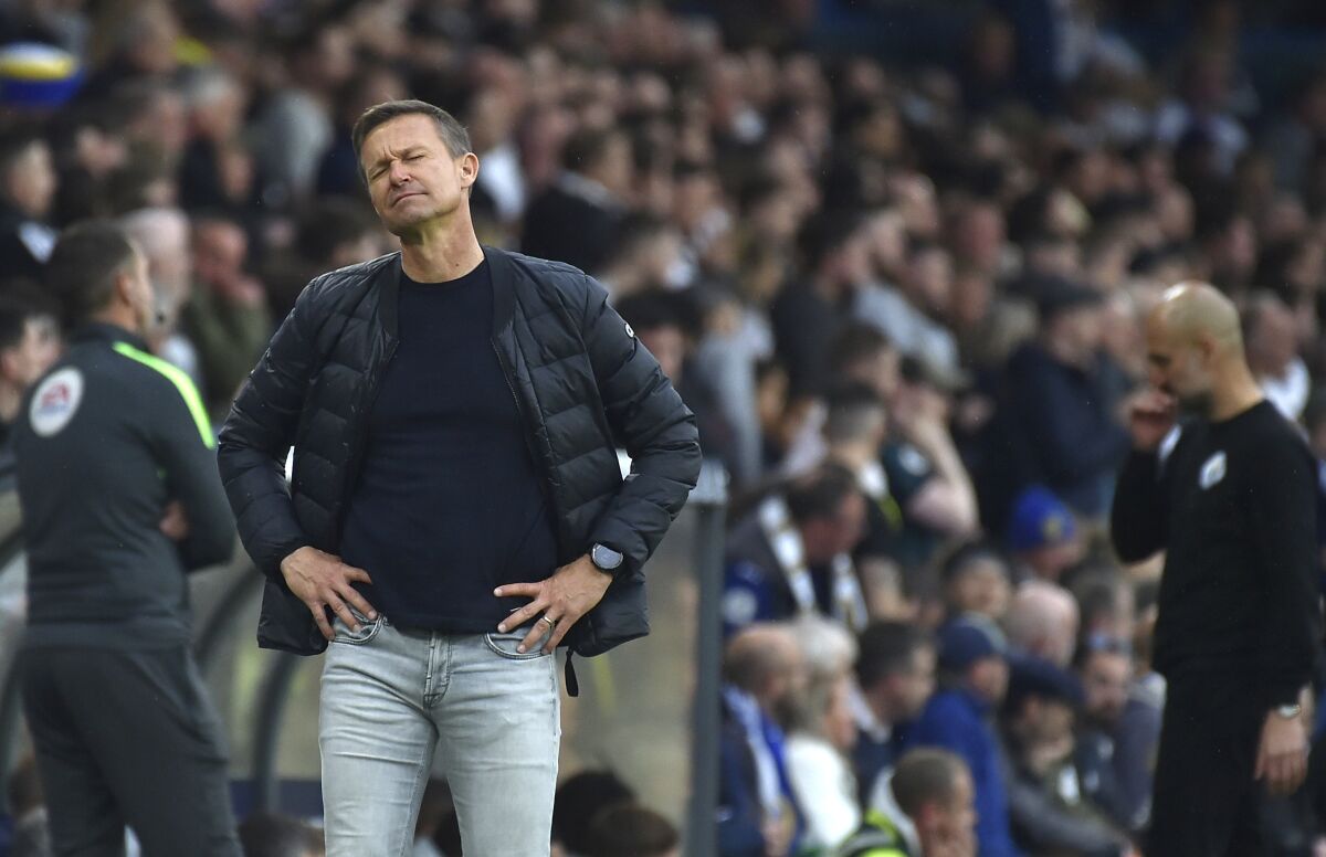Leeds United's head coach Jesse Marsch reacts during the English Premier League soccer match between Leeds United and Manchester City at Elland Road in Leeds, England, Saturday, April 30, 2022. (AP Photo/Rui Vieira)