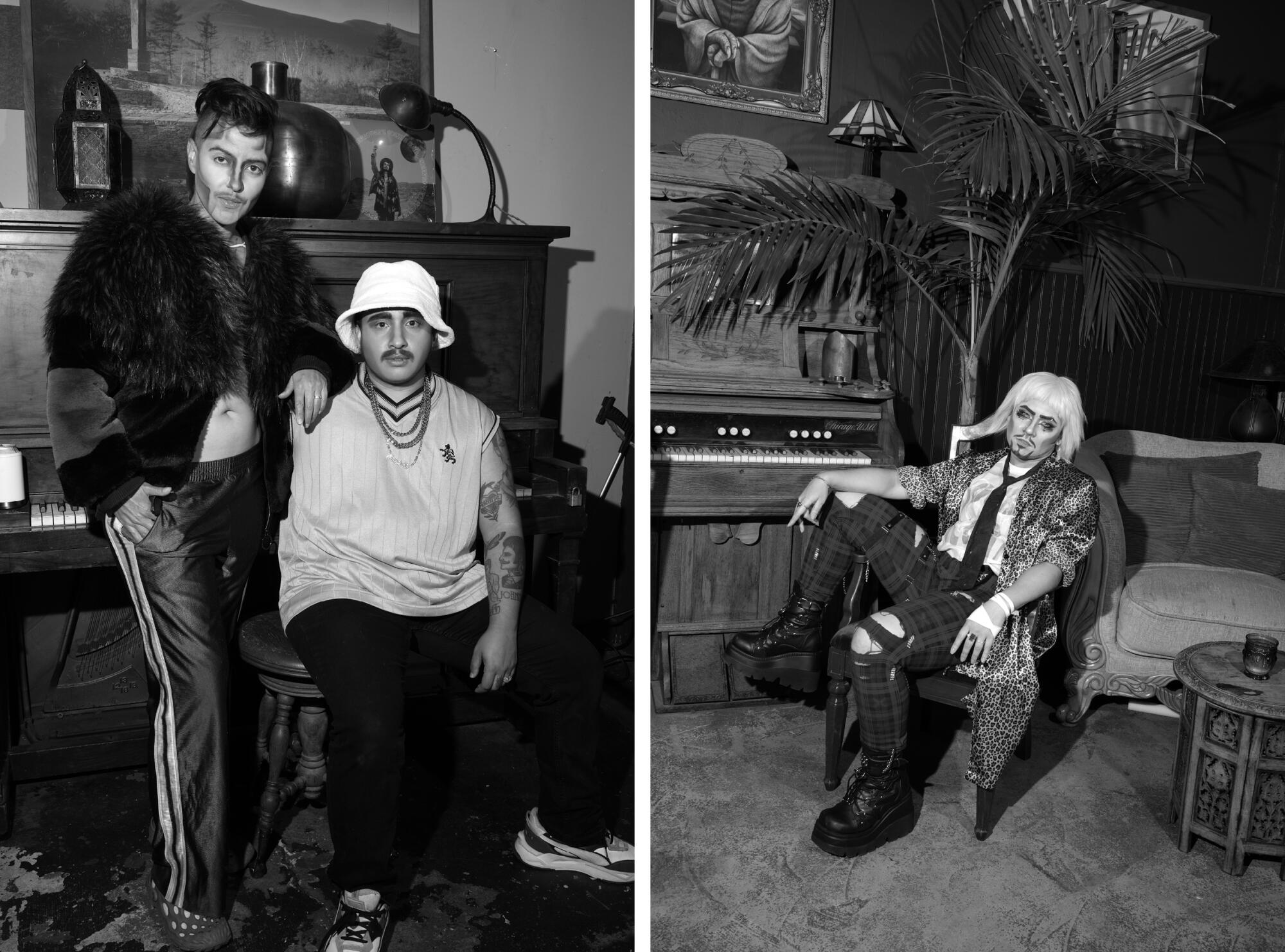 A person stands next to a seated person, left; a seated person, right.