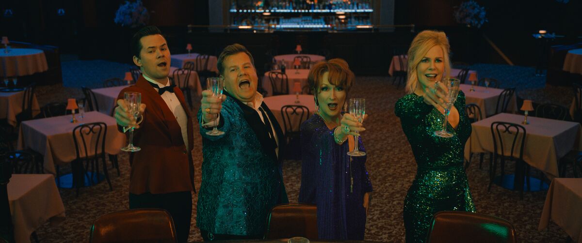 Andrew Rannells, James Corden, Meryl Streep and Nicole Kidman singing in "The Prom"