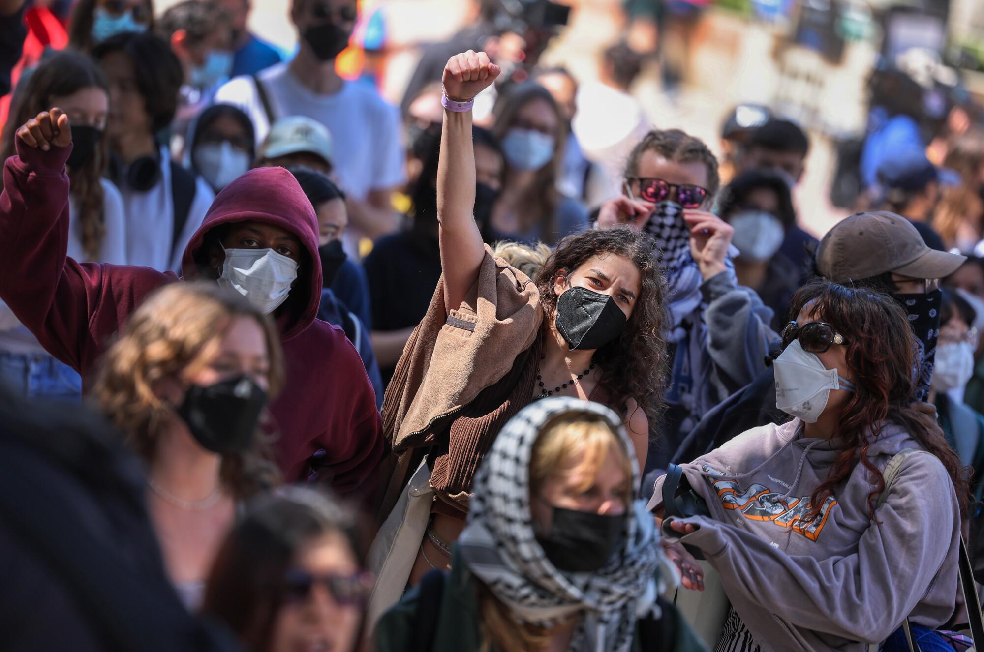 A crowd of pro-Palestinian activists wearing masks and kaffiyehs