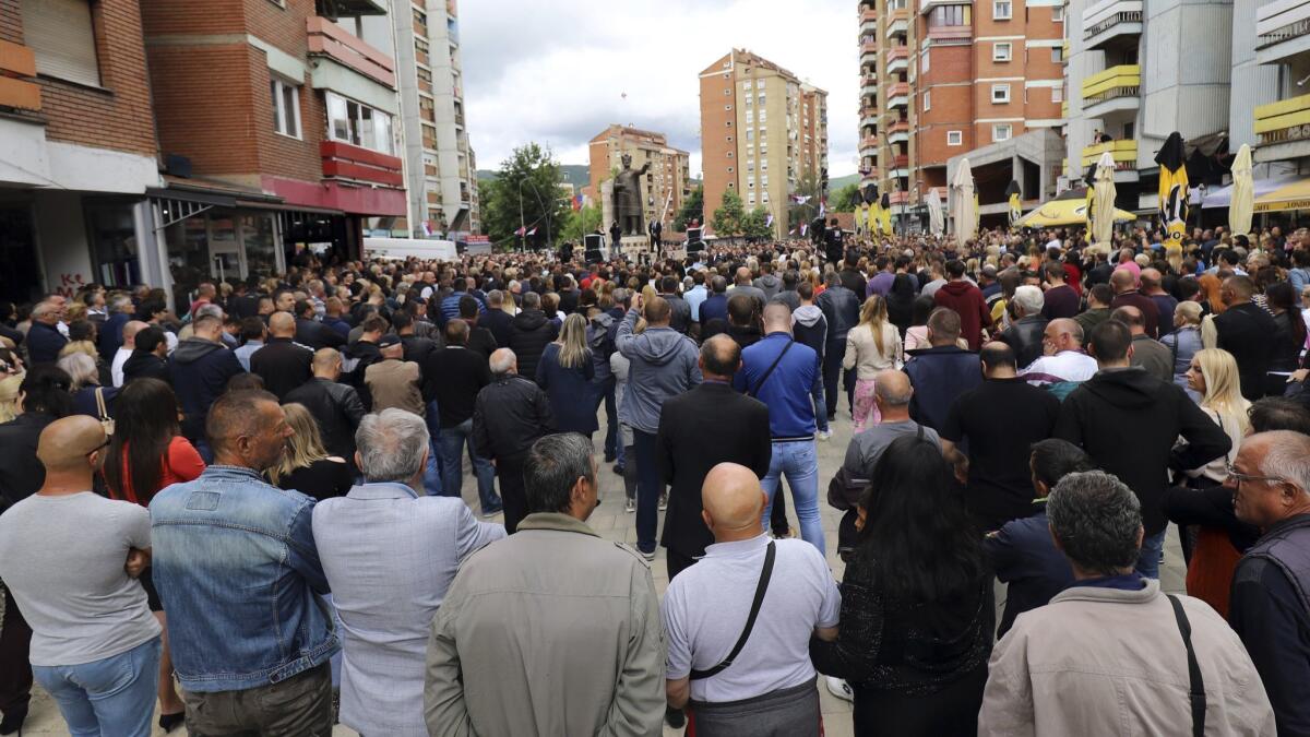 Kosovo Serbs protest police action in the Serb-dominated northern part of the town of Mitrovica, Kosovo, on May 29, 2019.