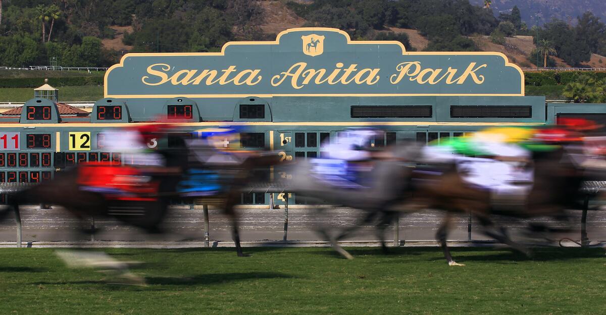 Horses make their way down the stretch for the 2012 Breeder's Cup Juvenile Fillies race at Santa Anita.