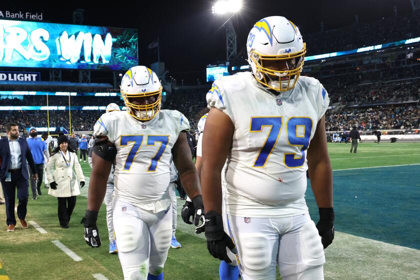 Jacksonville, Florida, January 14, 2023 - Los Angeles Chargers offensive tackle Trey Pipkins III.