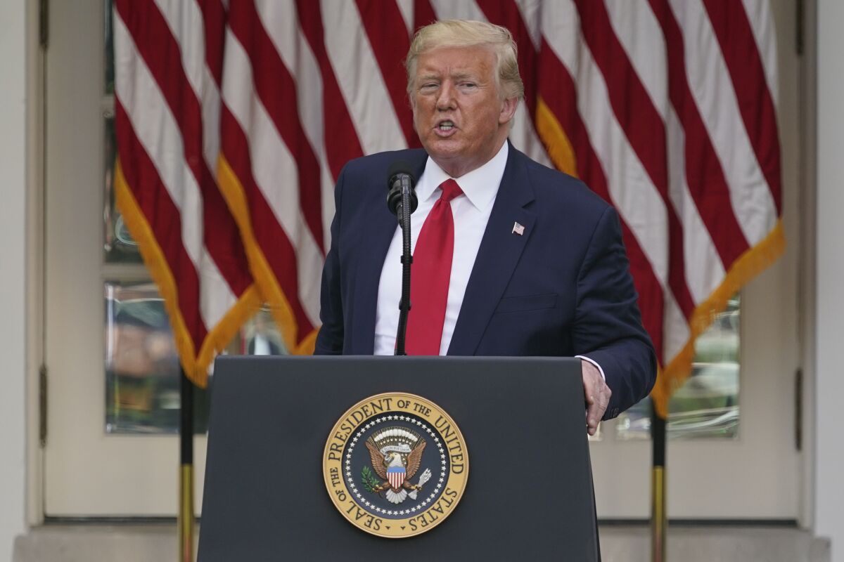 President Trump speaks in the White House Rose Garden on Tuesday.