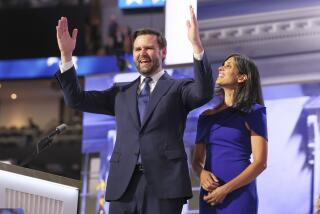 Milwaukee, Wisconsin, Wednesday, July 17, 2024 - Vice Presidential candidate J.D. Vance with his wife, Usha on stage during day three of the Republican National Convention at Fiserv Forum. (Robert Gauthier/Los Angeles Times)