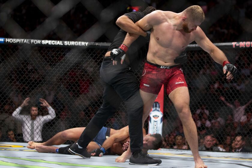 FILE - Jan Blachowicz, right, reacts after knocking out Luke Rockhold during the second round of their light heavyweight mixed martial arts bout at UFC 239, July 6, 2019, in Las Vegas. (AP Photo/Eric Jamison)