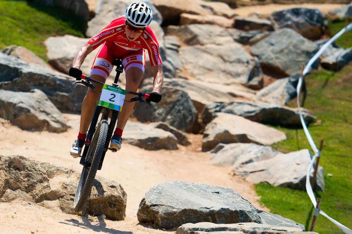 Annika Langvad of Denmark competes in the International Mountain Bike Challenge at Deodoro Olympic Park on Oct. 11 in Rio de Janeiro.