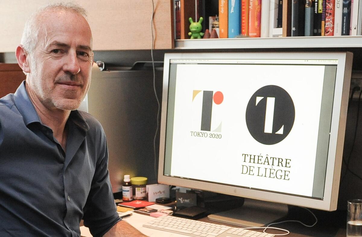 Belgian designer Olivier Debie alongside the former logo for the Tokyo 2020 Olympics, left, and the logo he designed for the Theatre de Liege in 2013.