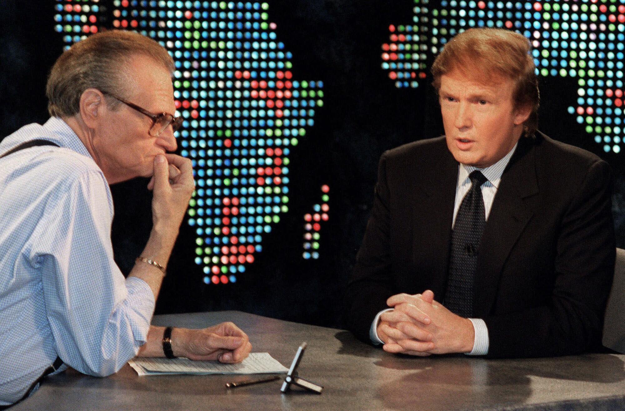Businessman Donald Trump is interviewed by Larry King during a taping of "Larry King Live" in New York Oct. 7, 1999.