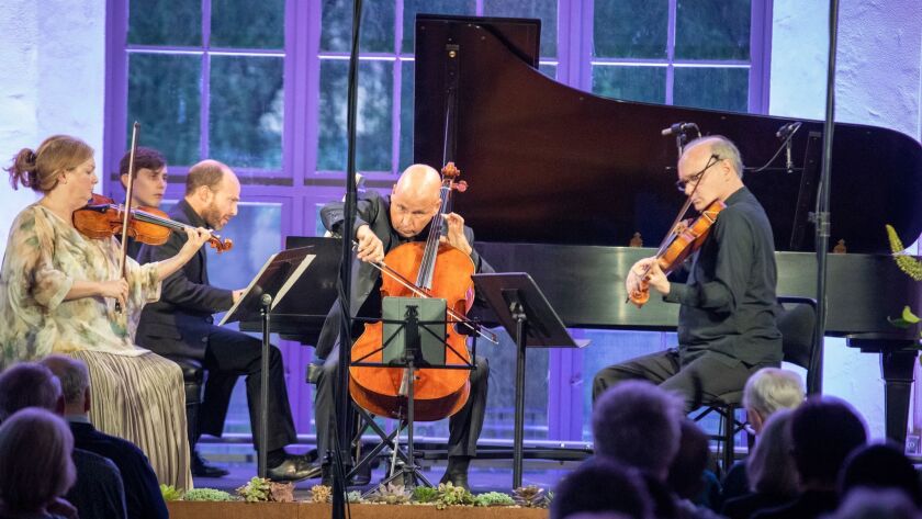 From left: Margaret Batjer, violin, Orion Weiss, piano, Robert deMaine, cello, and Paul Neubauer, viola, perform Brahms' Piano Quartet No. 2 on Monday night as part of "Summer of Brahms" at South Pasadena Public Library.