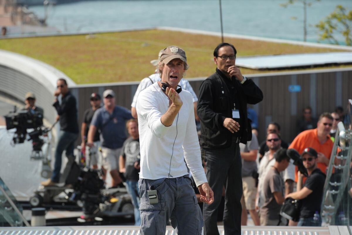 Film director Michael Bay on the set of "Transformers: Age of Extinction" in Hong Kong.