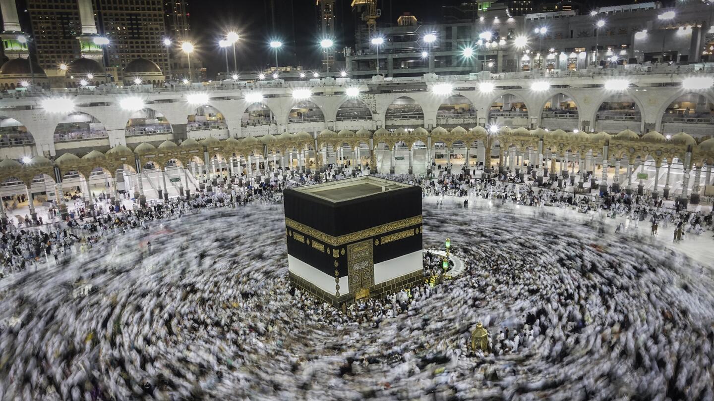 Muslim worshippers praying around the holy Kaaba at the Grand Mosque in Mecca, Saudi Arabia, on August 29, 2017.