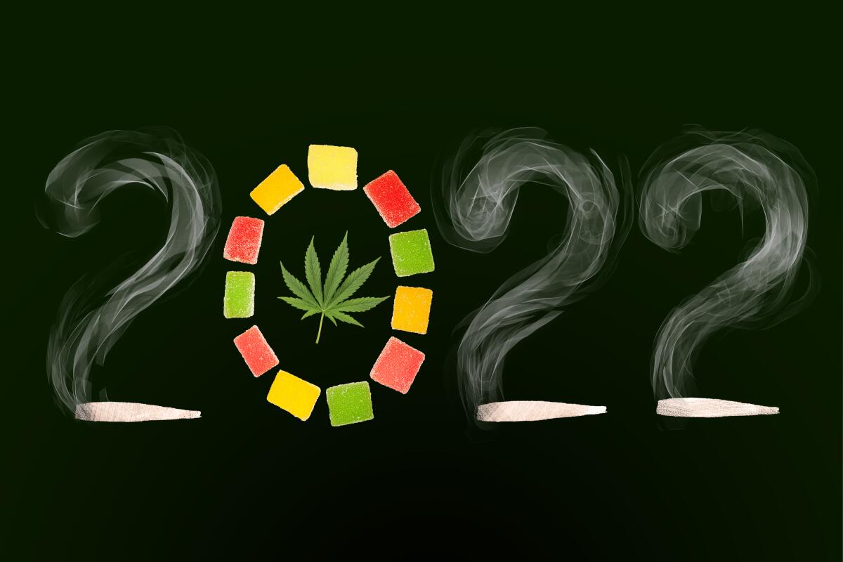 Illustration of "2022" formed by marijuana joints, smoke, gummies and a cannabis leaf.
