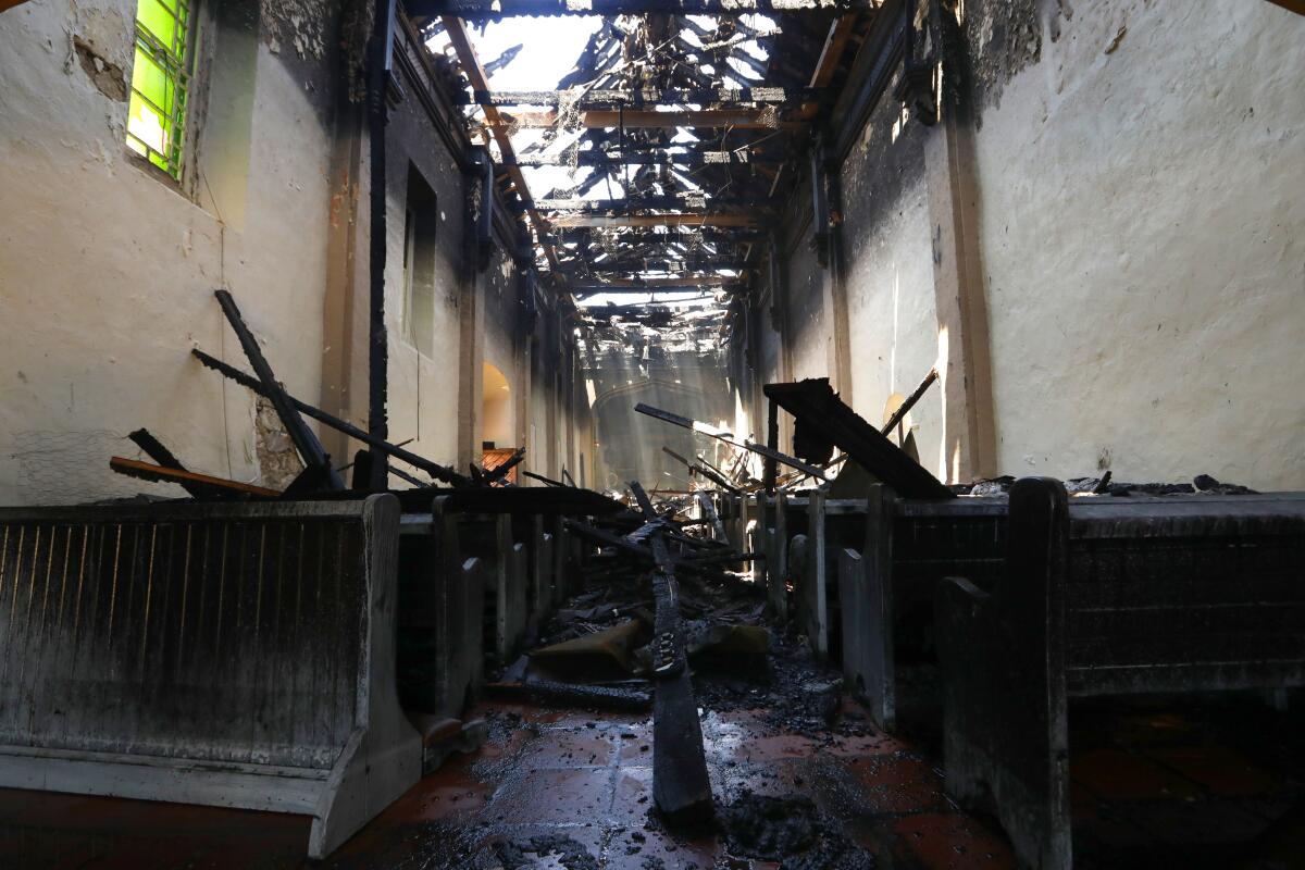 A fire burned most of San Gabriel Mission’s roof and interior.