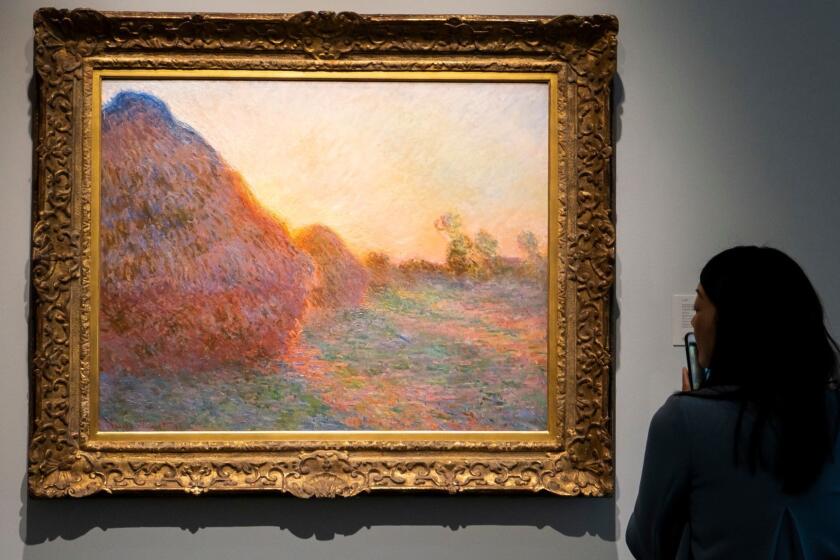 Mandatory Credit: Photo by JUSTIN LANE/EPA-EFE/REX (10237533a) (FILE) - The 1890 painting 'Meules' (Haystacks) by French Impressionist master Claude Monet is on display during a preview of upcoming 'Impressionist and Modern Art' and 'Contemporary Art' auctions at Sotheby's in New York, New York, USA, 03 May 2019 (reissued 15 May 2019). The painting sold for a record 110.7 million US dollar on 14 May 2019. The artwork is the first work of the Impressionist artist to sell for more than 100 million US dollar at auction. Sotheby's did not name the new owner. Monet Haystacks painting sells for record 110.7 million US dollar, New York, USA - 03 May 2019 ** Usable by LA, CT and MoD ONLY **