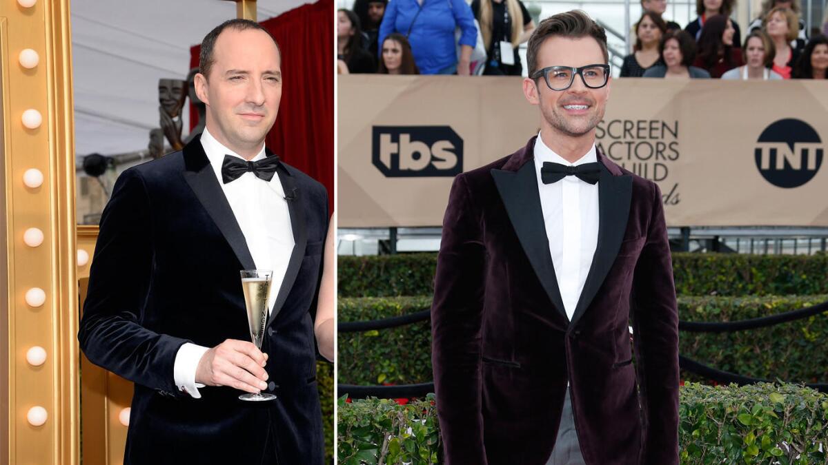 Tony Hale, left in a velvet Tommy Hilfiger tux jacket and Brad Goreski, right, in Isaia.