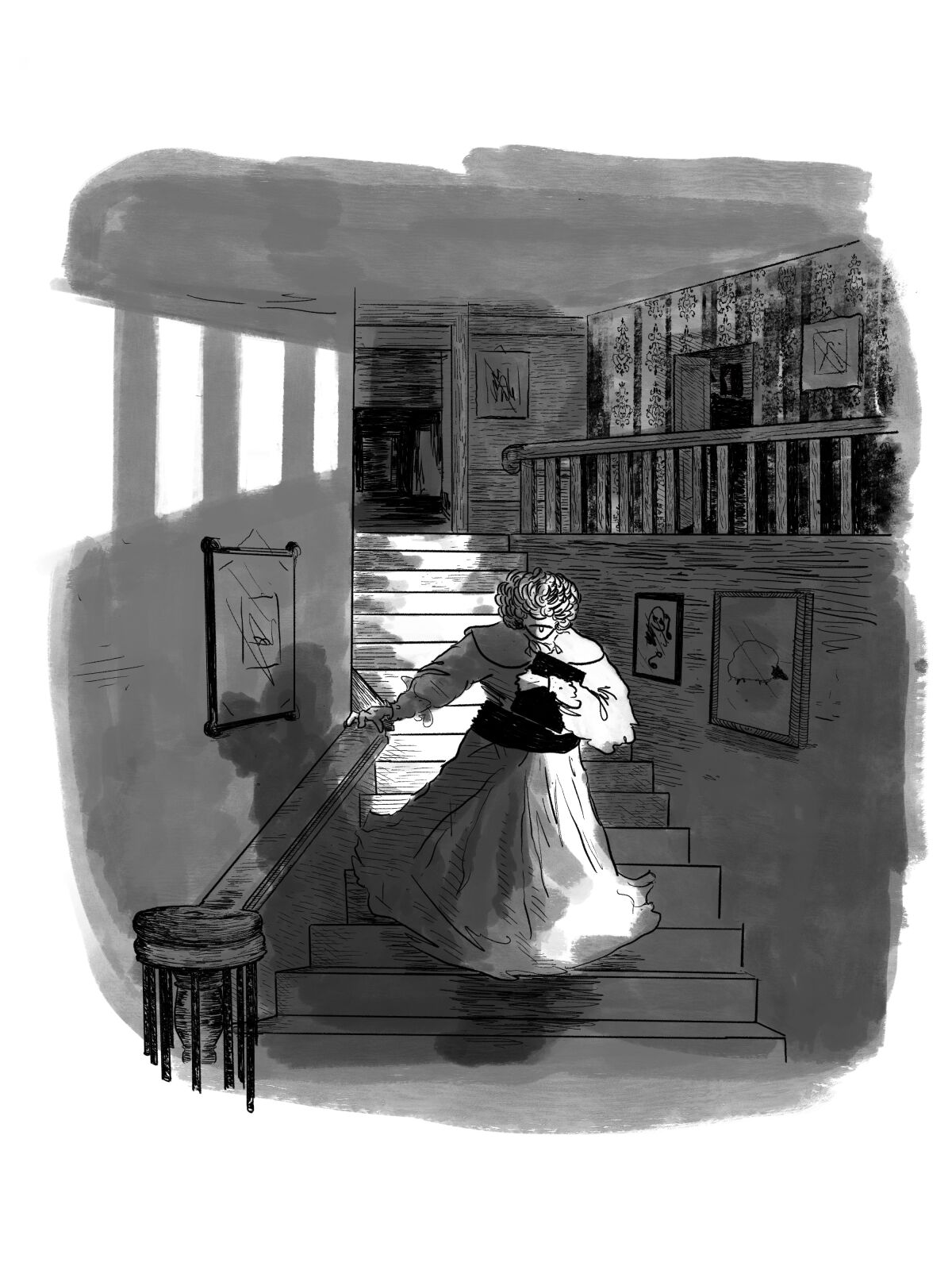 An illustration from Emily Danforth's novel, "Plain Bad Heroines," of a woman walking down stairs.