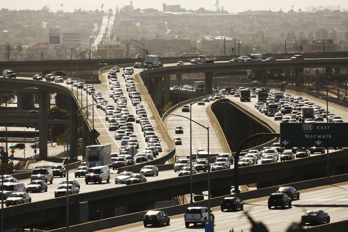 Los Angeles traffic on the 105 freeway near the 405 interchange.