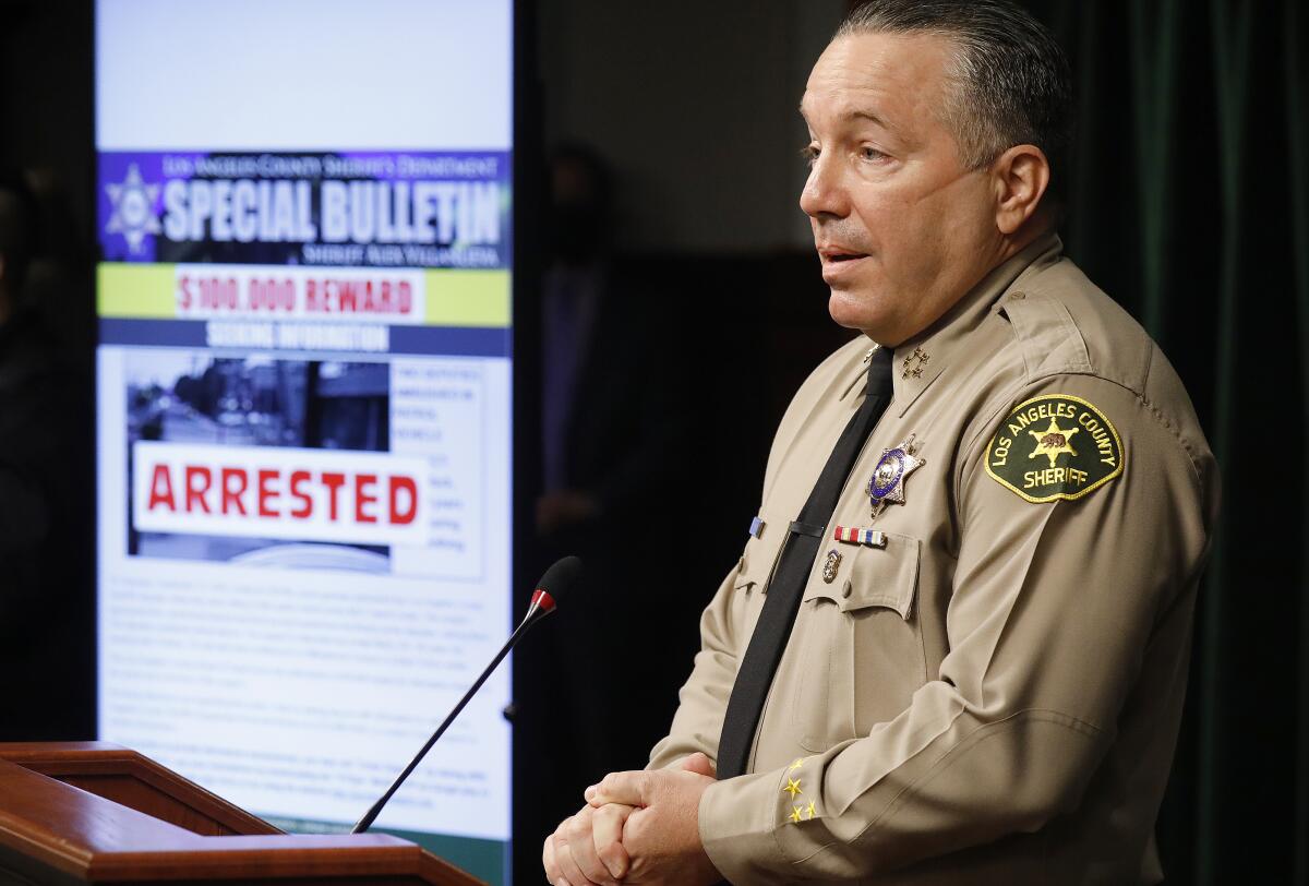 Los Angeles County Sheriff Alex Villanueva speaks at a news conference in Los Angeles on Sept. 30.