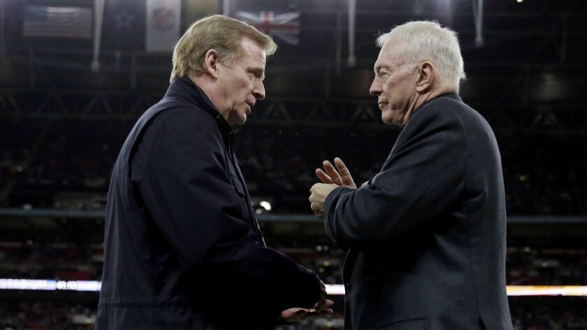 NFL Commissioner Roger Goodell, left, and Dallas Cowboys owner Jerry Jones.