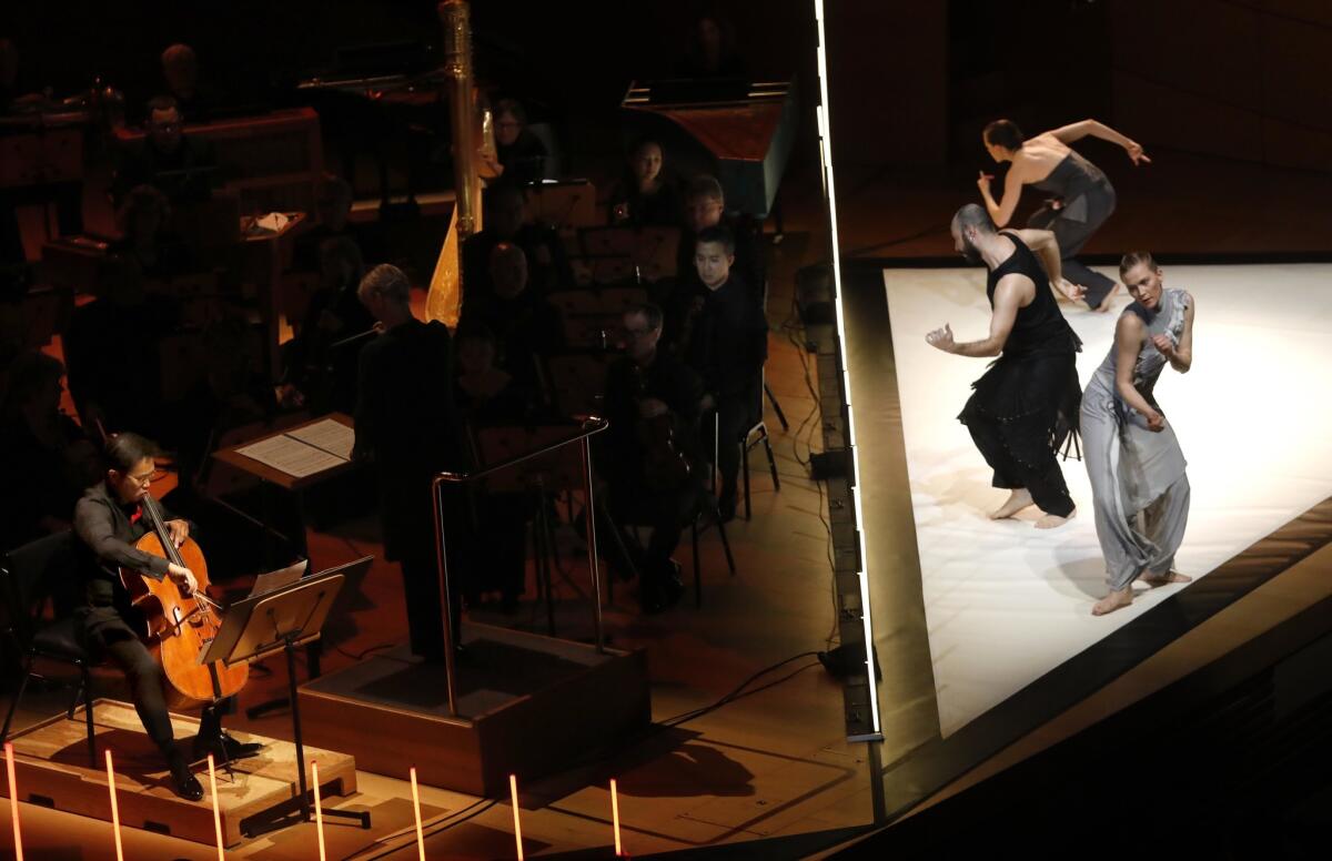 Cellist Ben Hong with dancers Auri Ahola, foreground, David Scarantino and Misa Lommi of the Tero Saarinen Company.