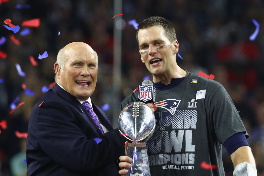 Terry Bradshaw interviews Tom Brady after the Patriots defeated the Atlanta Falcons in Super Bowl LI on Feb. 5, 2017.