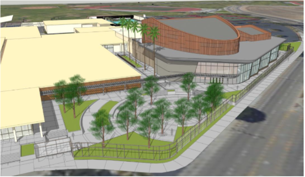 A rendering of the Estancia High School theater proposed for the east side of the Costa Mesa campus.