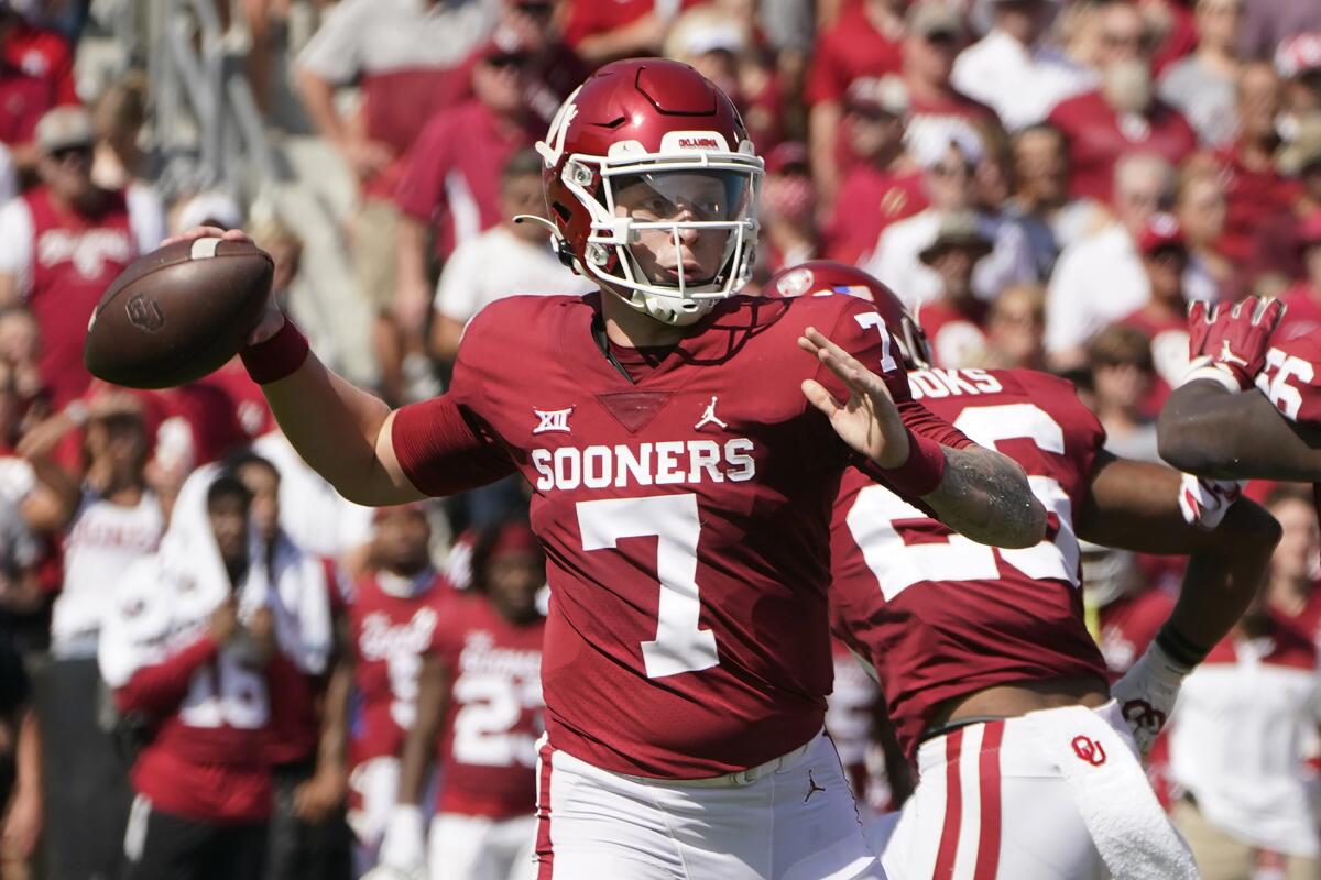 Oklahoma quarterback Spencer Rattler throws in the first half Sept. 18, 2021.