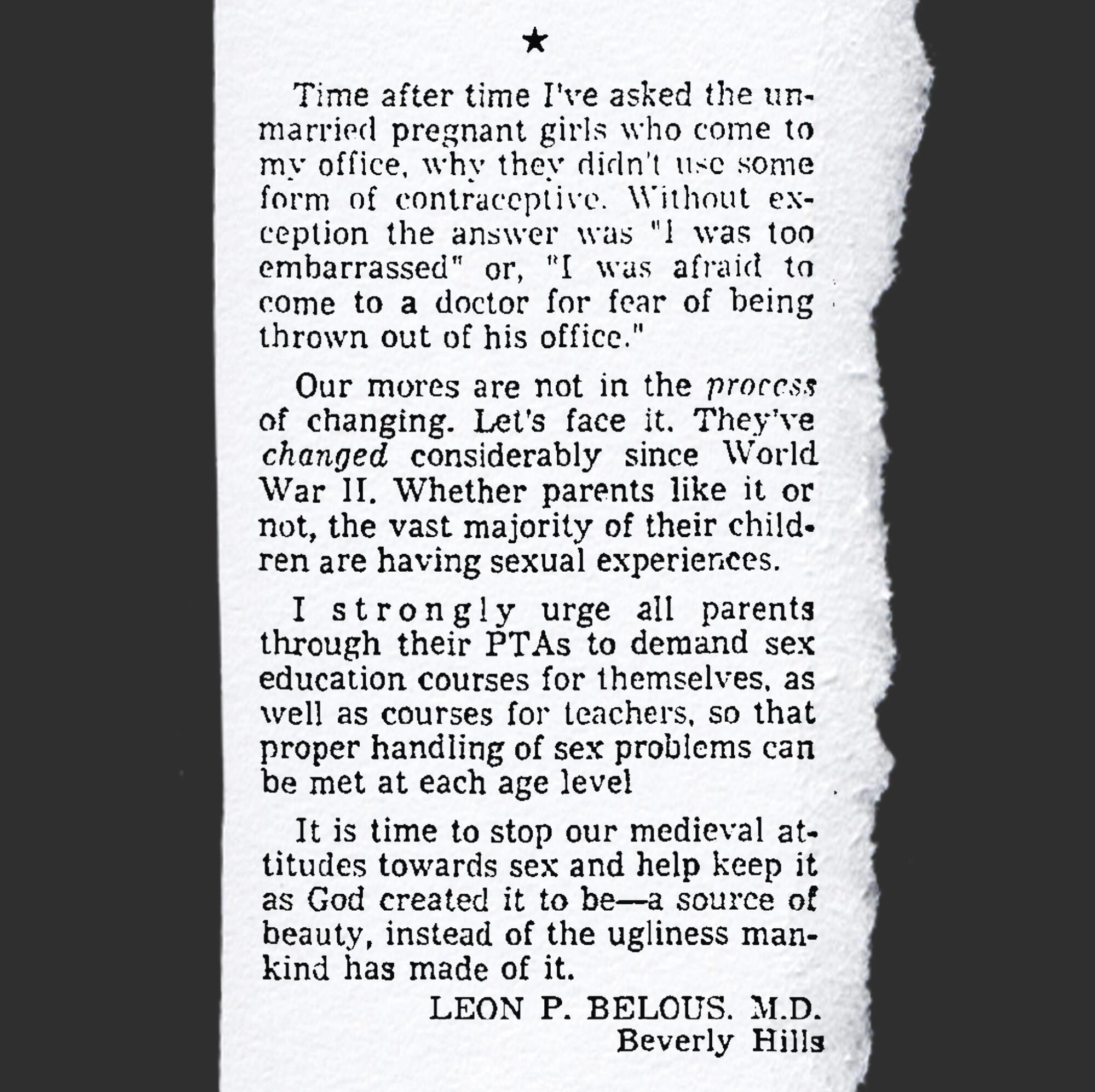 A clipping of a letter to the editor from Dr. Leon P. Belous in the Los Angeles Times in November 1966,