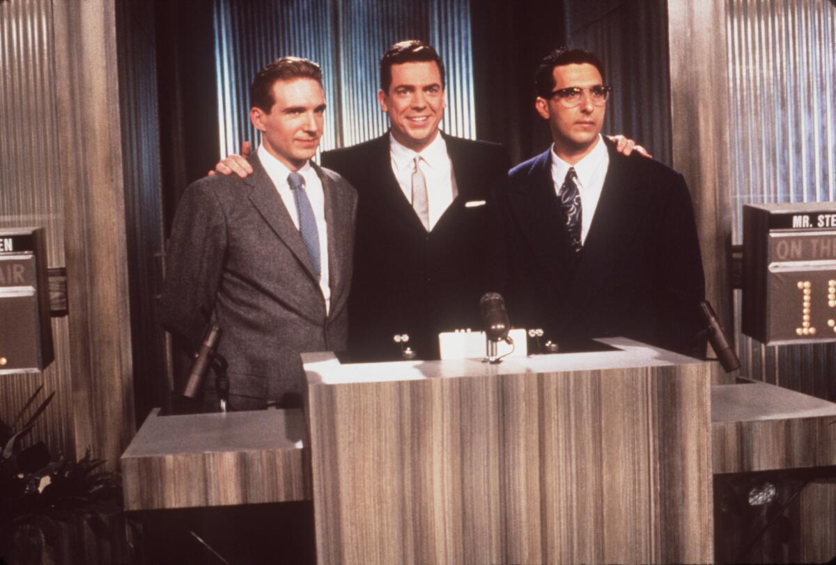 Ralph Fiennes, Christopher McDonald, and John Turturro in "Quiz Show."