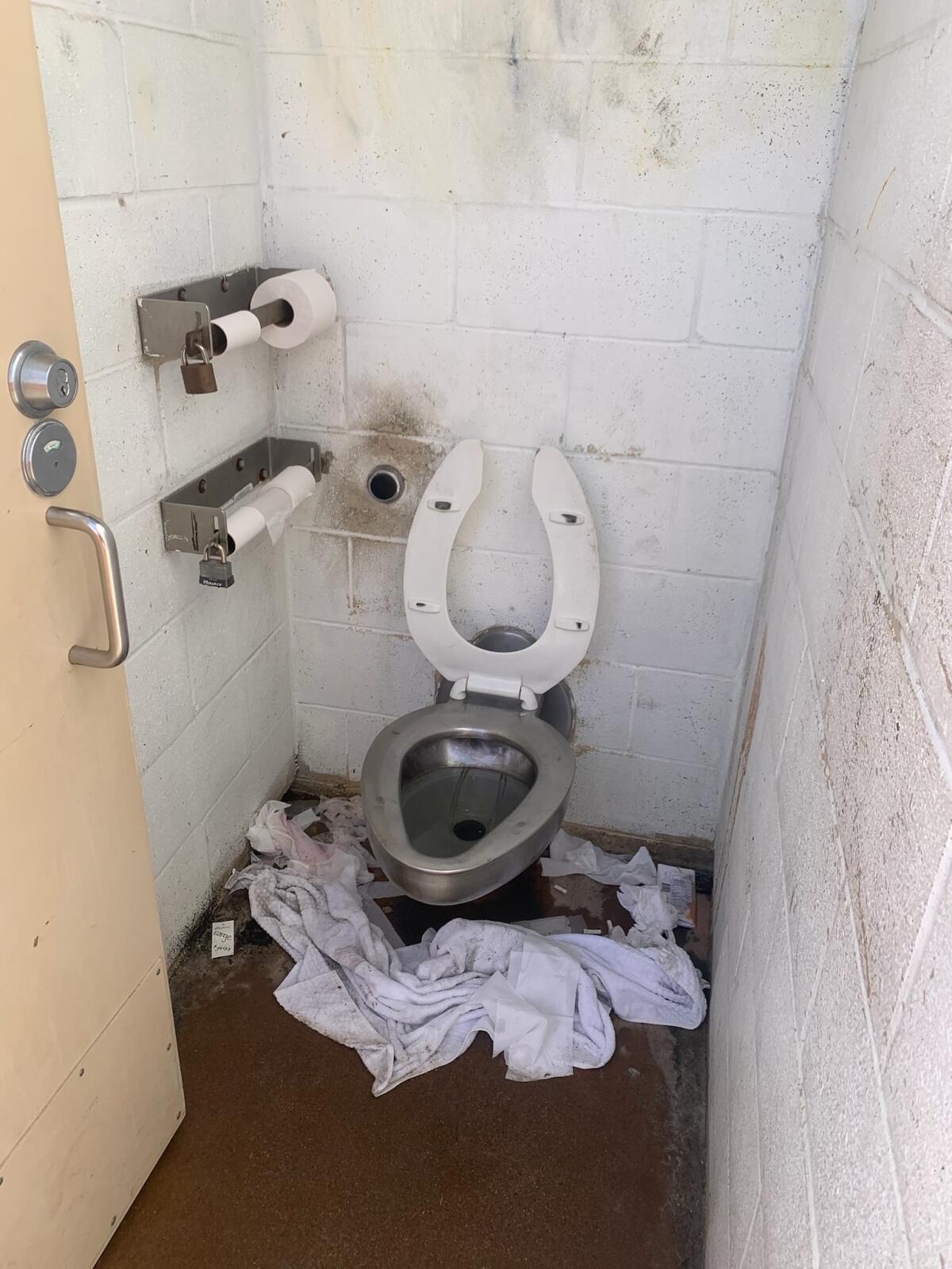 This Kellogg Park toilet shows the state of the "comfort station" restrooms Aug. 14.