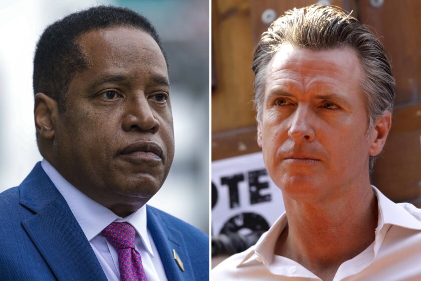 Left; Republican gubernatorial candidate Larry Elder at a campaign stop in Los Angeles on Sept. 2, 2021. Right, Gov. Gavin Newsom meets with Latino leaders in East Los Angeles on August 14, 2021. (Los Angeles Times)