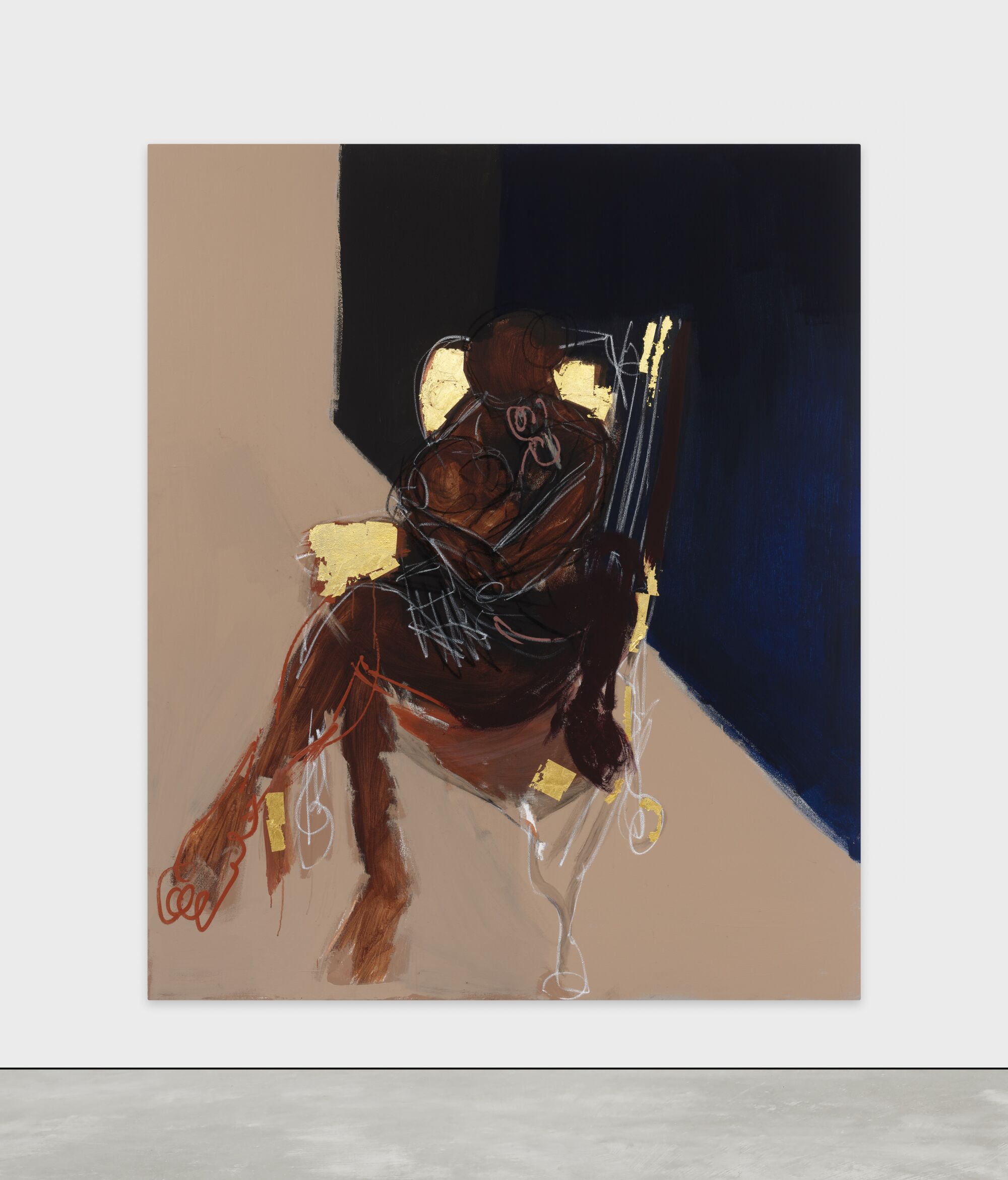A painting of a person sitting on a chair