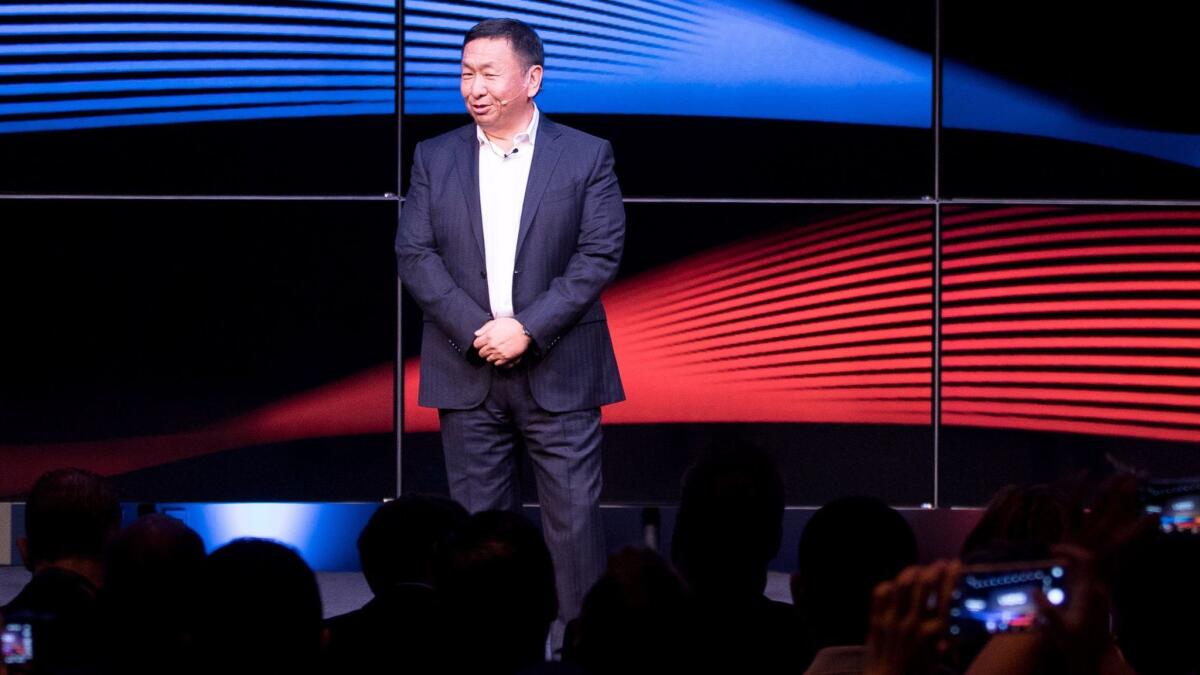 Vizio CEO William Wang at a Hollywood press conference announcing LeEco's plans to purchase Vizio for $2 billion.